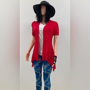 Chic Red Cardigan with Blue Patterned Leggings